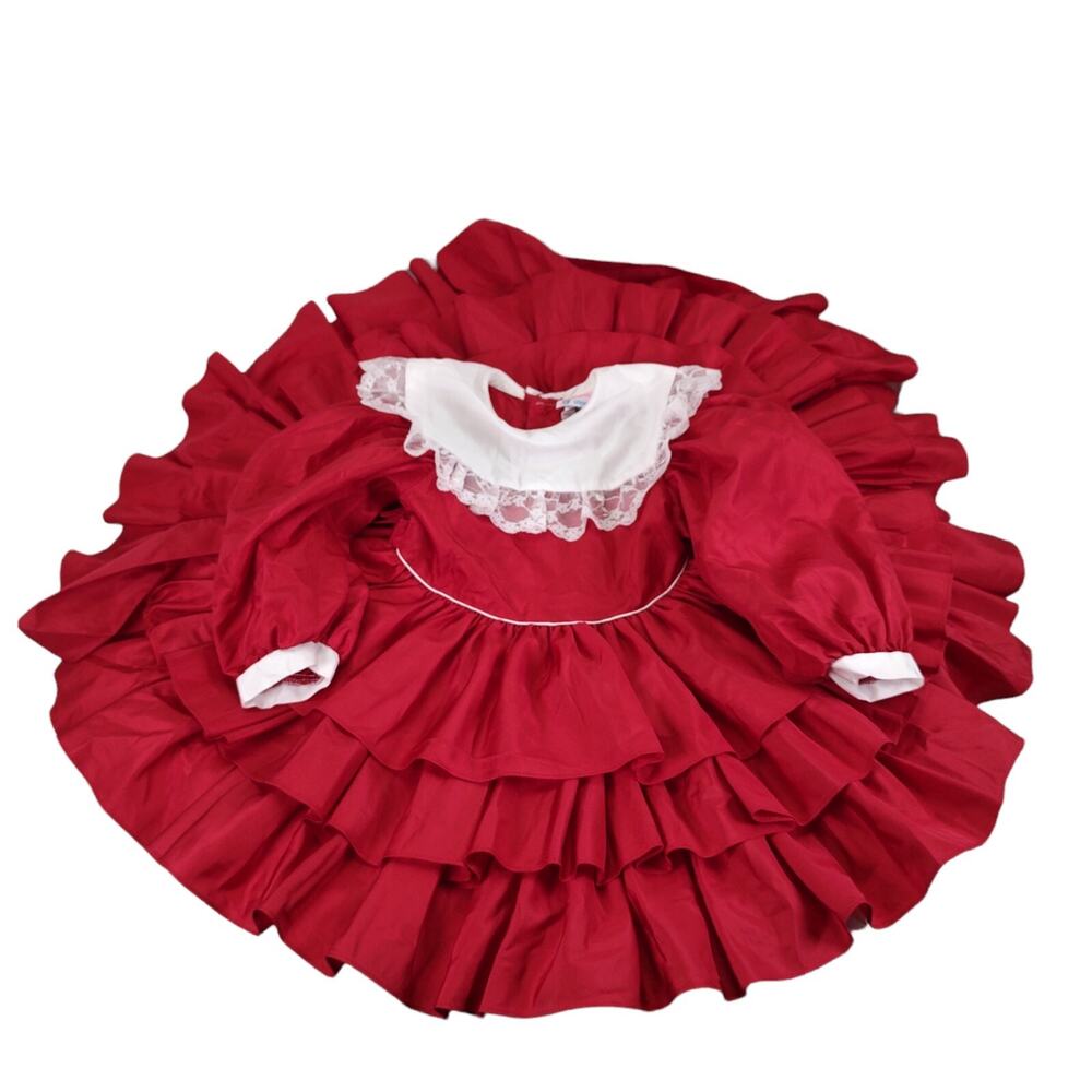 Vintage Martha’s Miniatures Red Tiered Party Dress Toddler 4 Full Circle Lace